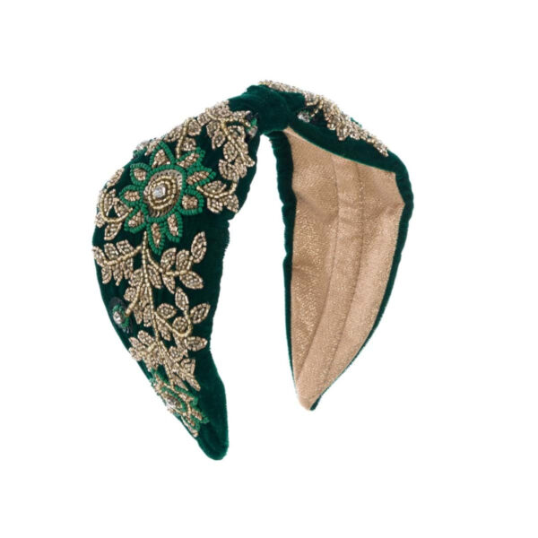 Opaska do włosów z aksamitu i kryształków zieleń